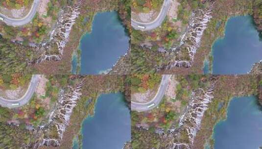 航拍九寨沟秋天诺日朗瀑布镜海彩林水景秋景高清在线视频素材下载