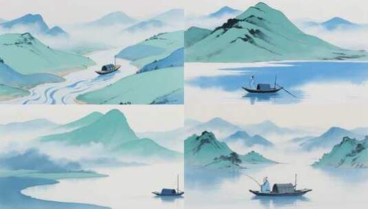 水墨山水泛舟意境 新中式水墨画背景高清在线视频素材下载