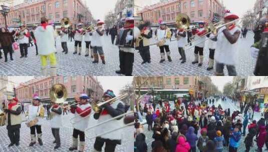 哈尔滨 中央大街 俄罗斯表演 冬天 街头表演高清在线视频素材下载