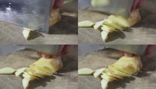 厨师熟练的刀工 切姜片 做饭高清在线视频素材下载