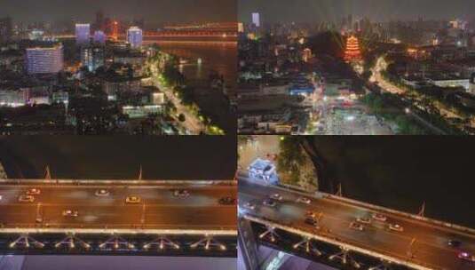 湖北黄鹤楼公园武汉长江大桥夜晚夜景航拍车高清在线视频素材下载
