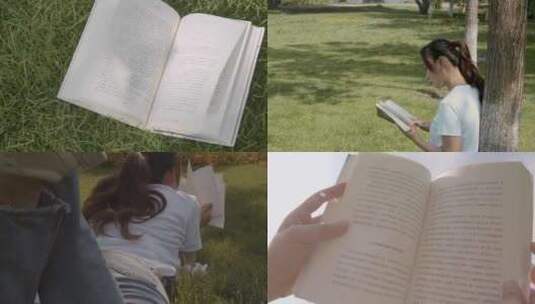 女孩草坪上看书、阅读、慵懒惬意高清在线视频素材下载