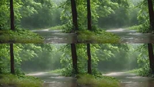 茂密森林中的阵雨。固定在绿叶上的水滴V1高清在线视频素材下载