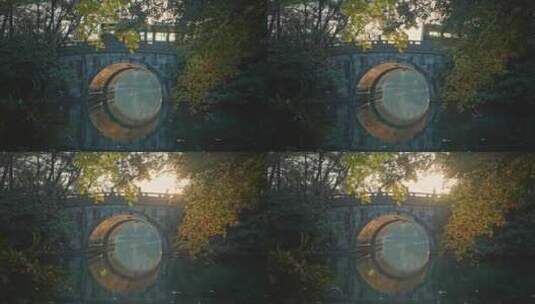 夕阳拱桥上行人车流逆光拍摄高清在线视频素材下载