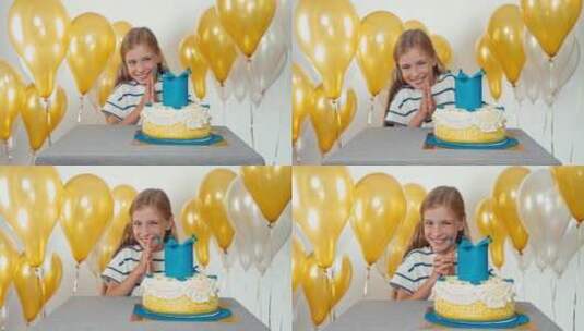 女孩开心的欣赏自己的蛋糕高清在线视频素材下载