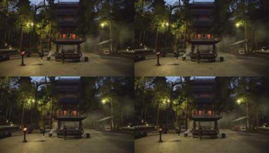 杭州灵隐寺夜晚烟雾缭绕祈福高清在线视频素材下载