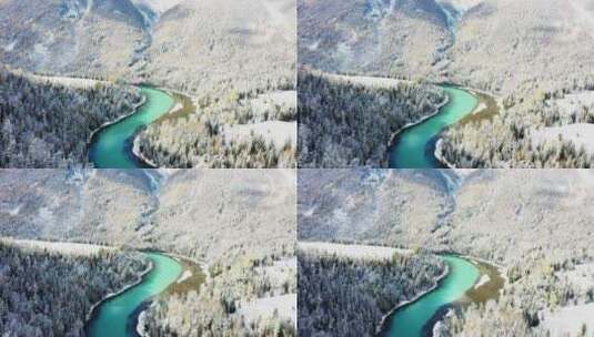 新疆喀纳斯河雪景航拍04高清在线视频素材下载