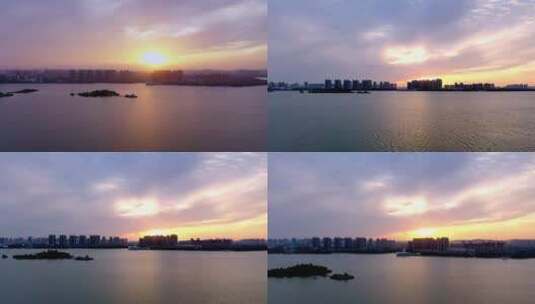 航拍湖南常德柳叶湖晚霞夕阳湖面风景4K高清在线视频素材下载
