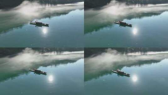 雾漫小东江下的渔船高清在线视频素材下载