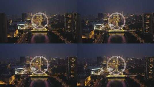 天津之眼摩天轮夜景航拍高清在线视频素材下载