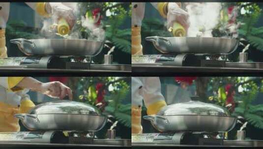 4K厨师正在炒菜锅里冒烟高清在线视频素材下载