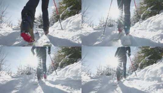 双板滑雪走路上山特写高清在线视频素材下载