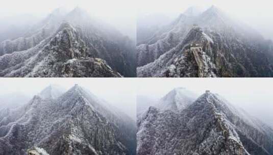 中国冬季长城雪景下雪航拍高清在线视频素材下载