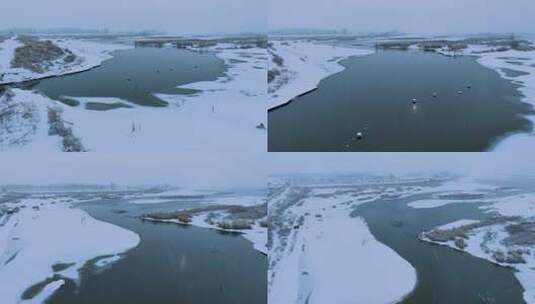 航拍冬季即将封冻的湿地沼泽高清在线视频素材下载
