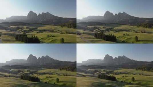 飞越意大利多洛米蒂的Alpe di Suisi草甸高清在线视频素材下载
