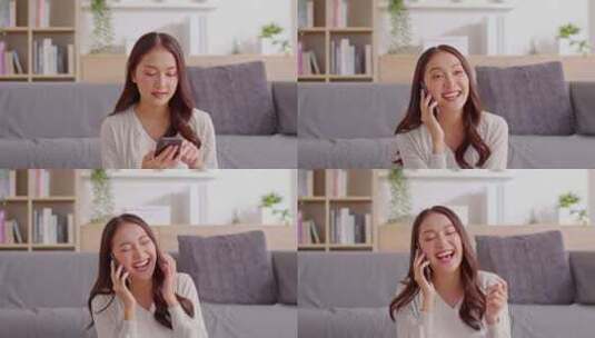 幸福美丽亚洲年轻女子微笑与男朋友在手机上交谈高清在线视频素材下载