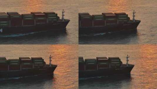 4K航拍夕阳集装箱轮船驶出港口迎风破浪高清在线视频素材下载