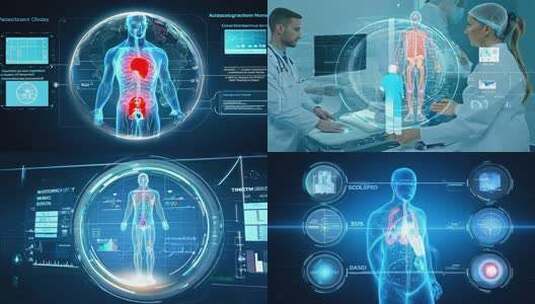 医生观察人体骨骼全息影像的医疗场景高清在线视频素材下载