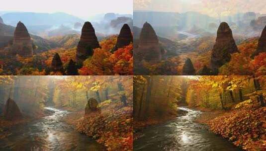 秋季森林中流淌的河流风景高清在线视频素材下载