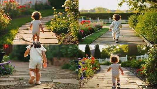 蹒跚学步的孩子走在花园小径上高清在线视频素材下载