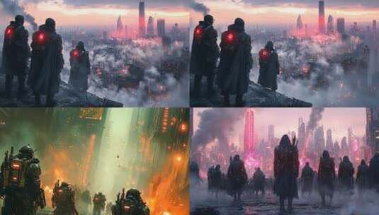 废土赛博：未来都市危机神秘武装群体景象高清在线视频素材下载