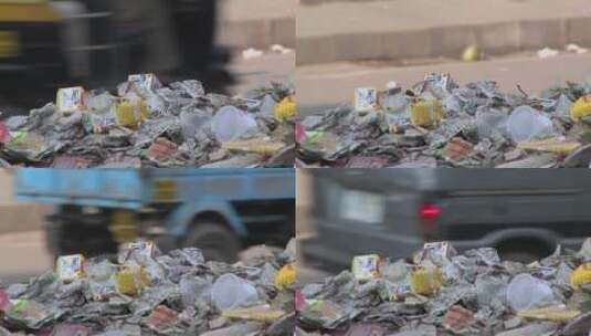 繁忙街道边一堆垃圾高清在线视频素材下载