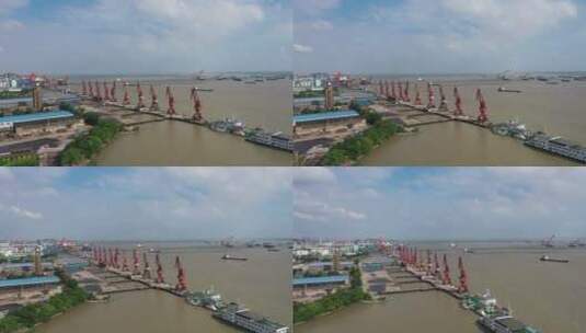 航拍长江口岸的货轮高清在线视频素材下载