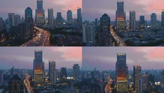4K航拍上海高架黄昏高楼大厦车流高清在线视频素材下载