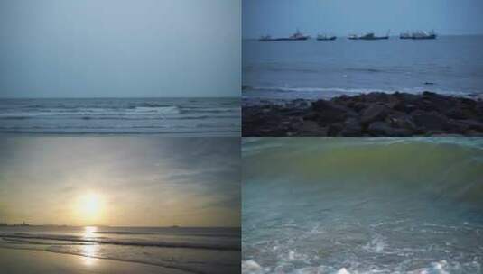 大海沙滩海边浪花礁石海上飞鸟海鸥晚上月亮高清在线视频素材下载