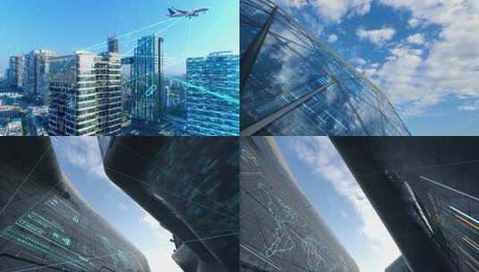 飞机飞过楼顶写字楼大气震撼科技感城市视频高清在线视频素材下载