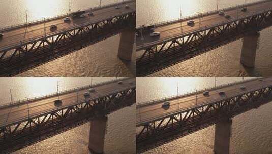 湖北武汉傍晚长江大桥车流航拍高清在线视频素材下载