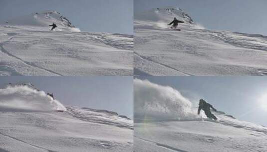 运动员从雪山顶踩着单板滑雪板滑雪高清在线视频素材下载