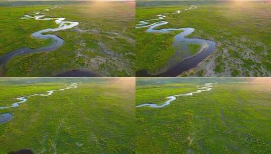 航拍夕阳西下草原上蜿蜒的河流九曲湾高清在线视频素材下载