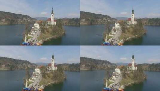 斯洛文尼亚布莱德湖中间有一座小教堂的岛屿鸟瞰图高清在线视频素材下载