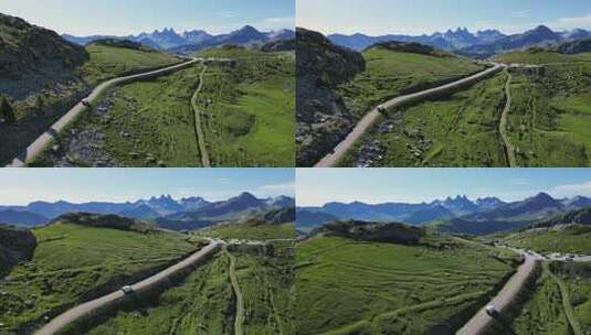 RV Motorhome驾驶位于法国阿尔卑斯山萨沃伊伊塞尔的Mountain Pass Col de la Croix de Fer-天线高清在线视频素材下载