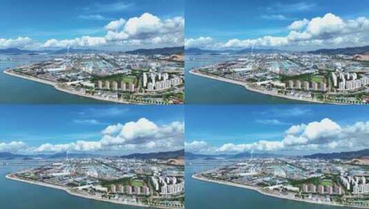 航拍广东惠州石化工业园蓝天白云海岸线海景高清在线视频素材下载