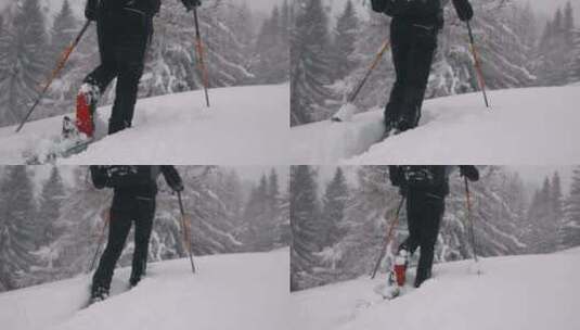 白雪覆盖的森林中的男子滑雪旅行高清在线视频素材下载