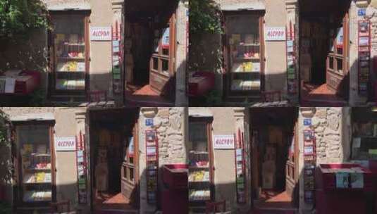法国小镇斑驳墙面的二手书店陈列了很多书高清在线视频素材下载