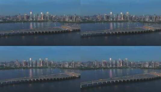 航拍前海建筑群沿海金融中心蓝调夜景高清在线视频素材下载