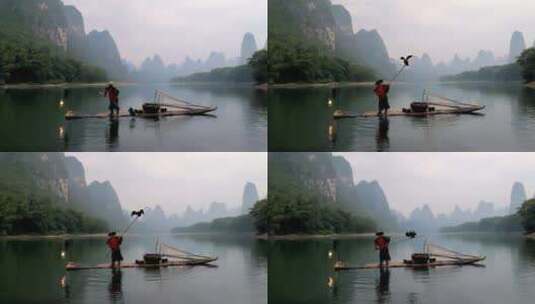 漓江竹筏上的渔翁与鸬鹚高清在线视频素材下载