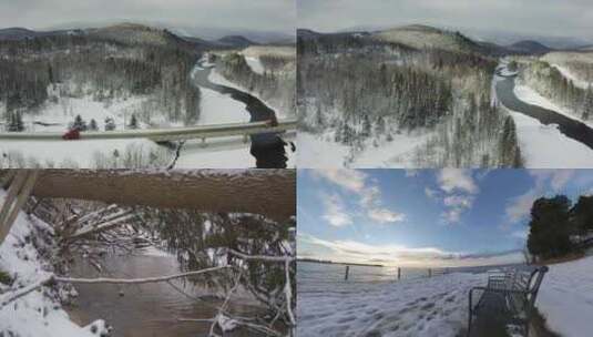 冬天雪景航拍林海雪原雾凇雪地河流冰雪融化高清在线视频素材下载