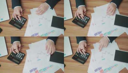 财务分析师会计师在办公桌上的手特写计算器高清在线视频素材下载
