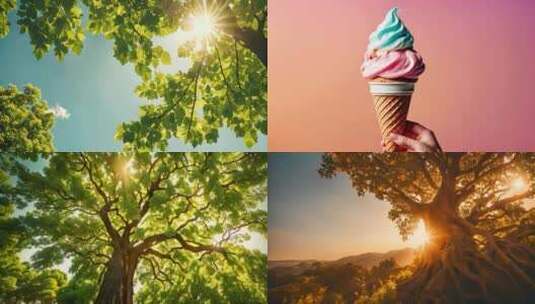 夏天手拿冰淇淋树叶森林植太阳春天夏天高清在线视频素材下载