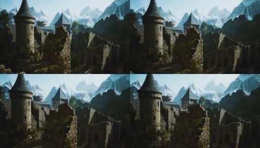 日出时的古城堡，背景是山脉高清在线视频素材下载