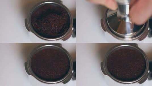 家庭制作咖啡压紧咖啡粉俯拍特写固定高清在线视频素材下载