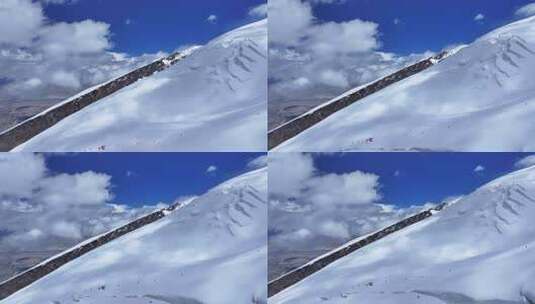 航拍冰川之父慕士塔格峰雪山冰川上的登山队高清在线视频素材下载