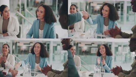 鼓掌，交易或商人在会议上握手庆祝获胜高清在线视频素材下载