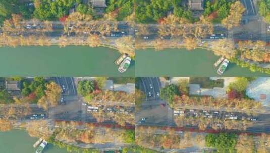 杭州西湖景区北山街树林和汽车航拍高清在线视频素材下载