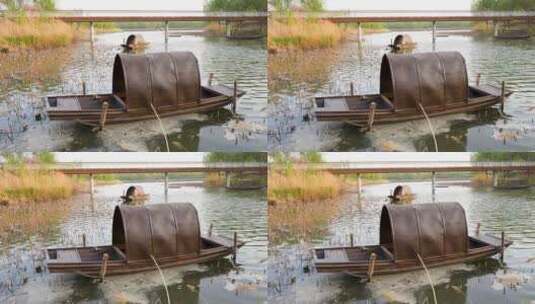 木船渔船在水面飘浮北京温榆河公园高清在线视频素材下载