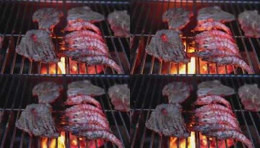 在烤肉架上烤肉烤牛肉虾肉慢镜头高清在线视频素材下载